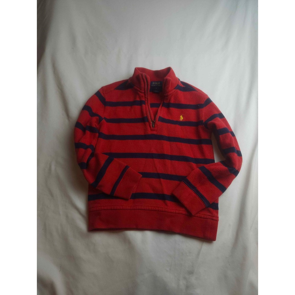 Polo Ralph Lauren Boys Red Navy Blue Striped Quarter Zip Pullover Sweater Size 7